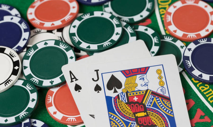 Black Jack Cards and chips on a casino table