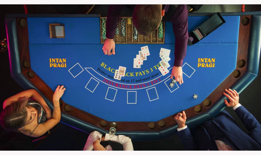 Overhead view of a blackjack table at a casino