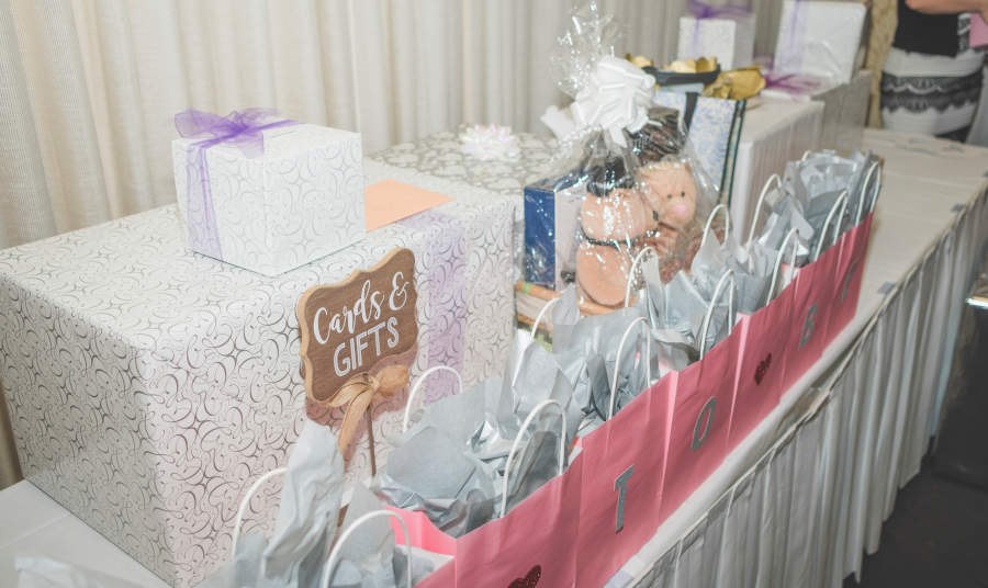 Close up of a gift table at a Bridal Shower