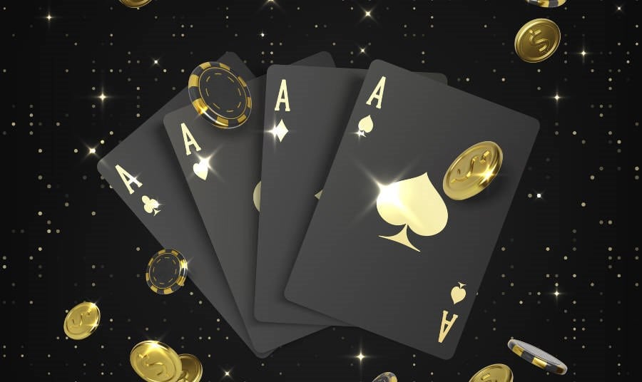 Playing cards aces and falling golden coin and poker chips