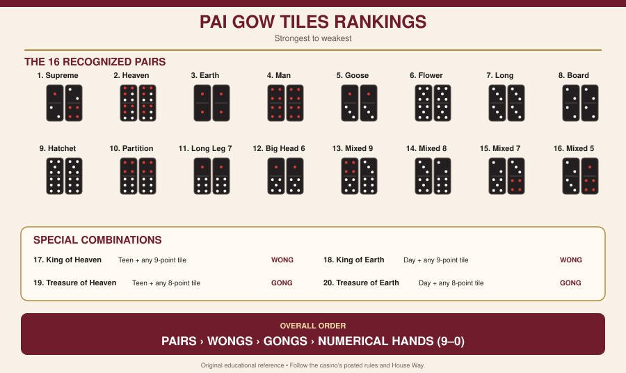 Pai Gow Tiles ranking chart showing the 16 recognized pairs, Wongs, Gongs, and numerical hand rankings.